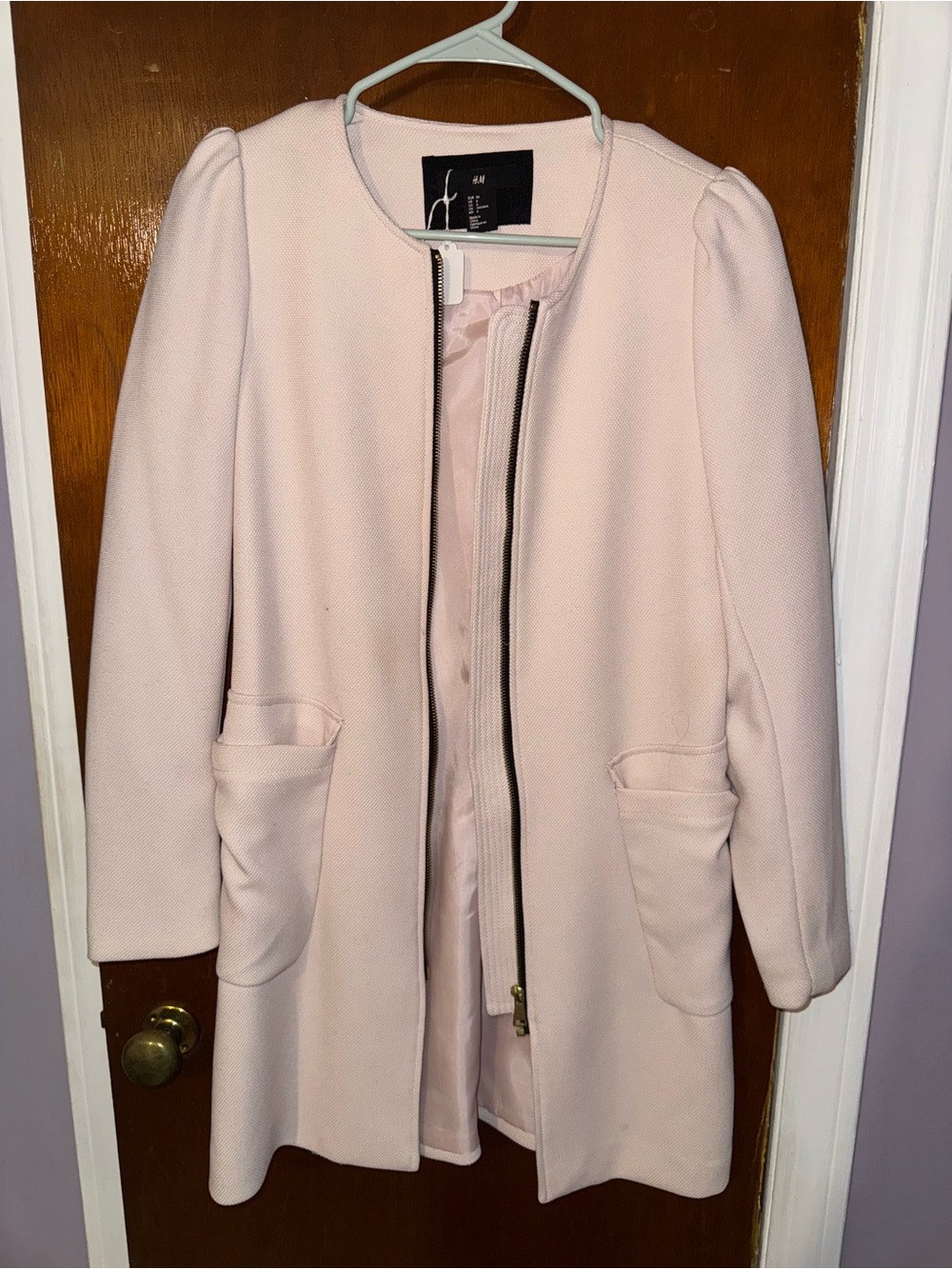 H&M Light Pink Collarless midlength Zip Coat